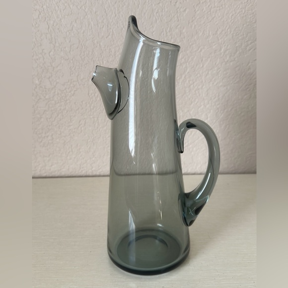 Blown Art Glass Cocktail Martini Pitcher Smoke Gray Applied Handle Spout 11.5” - Picture 3 of 13